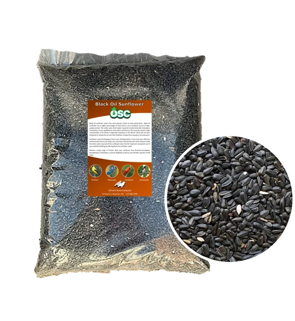 Ontario Seed Black Oil Sunflower bird seed bag and seed close-up