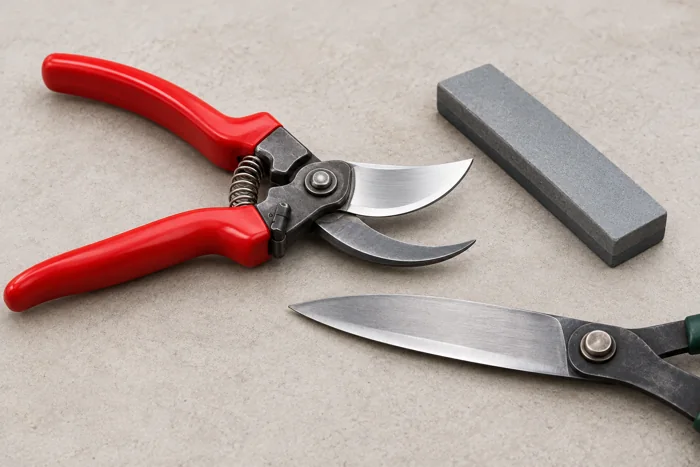 Garden pruners, a garden shear blade and a manual sharpening stone; no saw blades